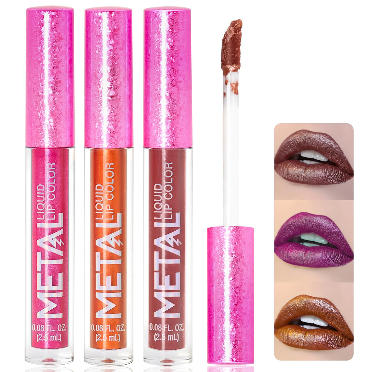 Wugbc Metallic Liquid Lipstick Set - Long Lasting Glitter Lip Gloss In Nude Shimmer & Pink