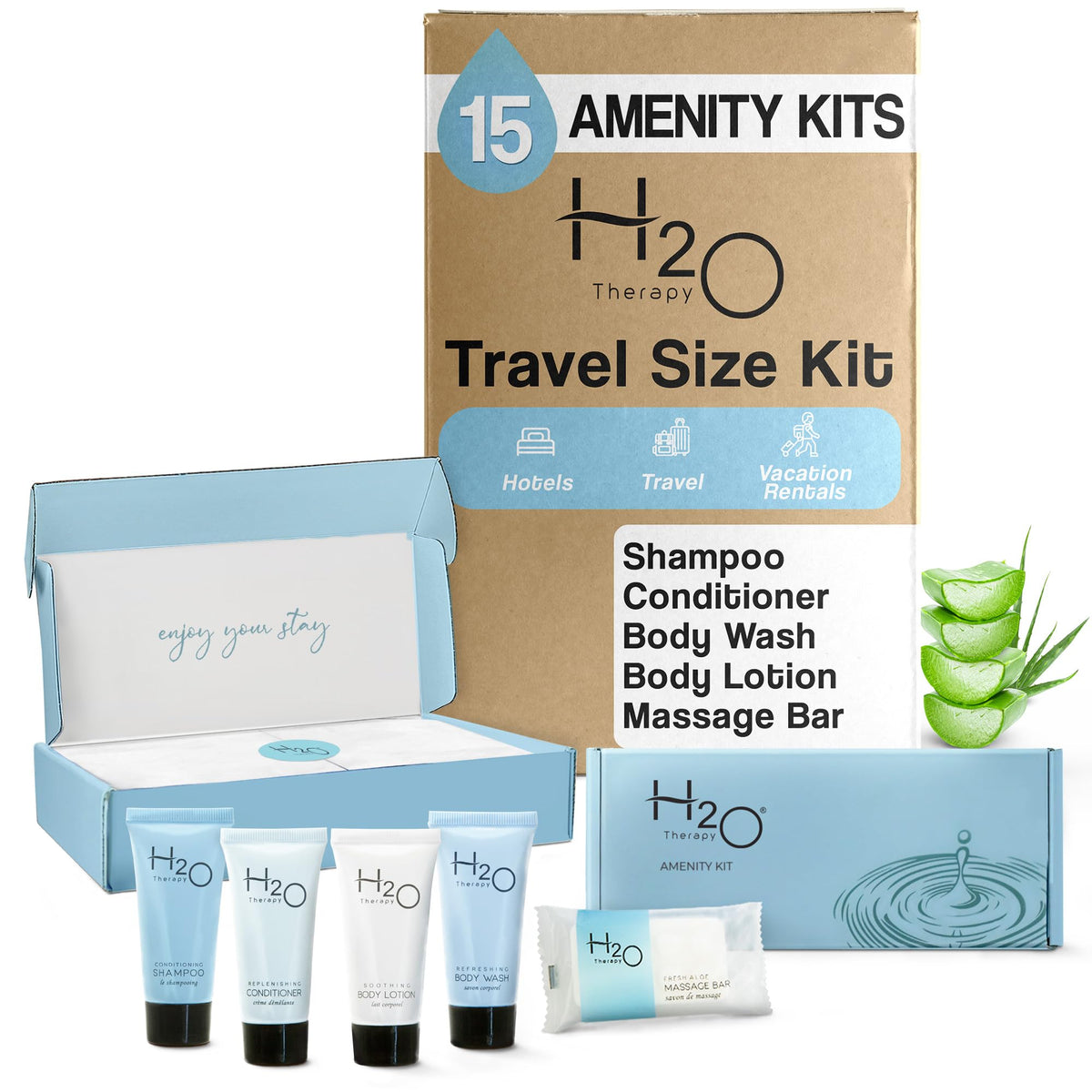 H2O Therapy Amenity Kit - Hotel Bulk Toiletries, 15 Sets: Shampoo, Conditioner, Lotion, Body Wash