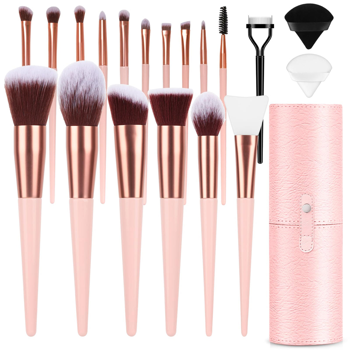 Luxbru 17Pc Makeup Brush Set - Blending, Foundation, Eyeshadow, Blush Brushes With Pink Travel Case