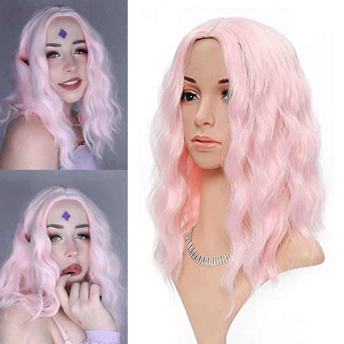 Faelbaty 14&quot; Light Pink Curly Wavy Synthetic Wig For Women - Pastel Cosplay Halloween Costume