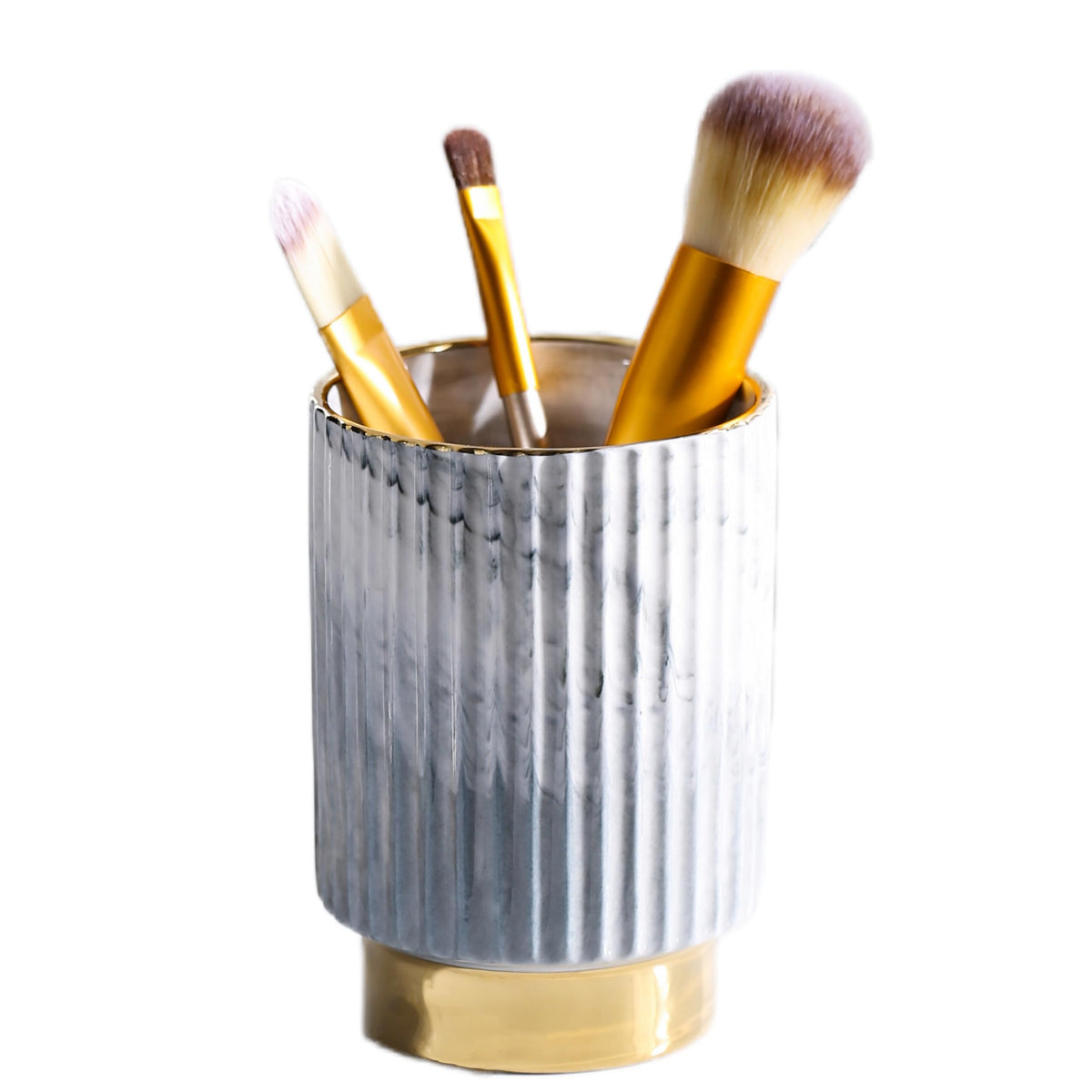 Ieek Grey Ceramic Makeup Brush Holder Organizer - European Style Striped Cup For Vanity And Desktop