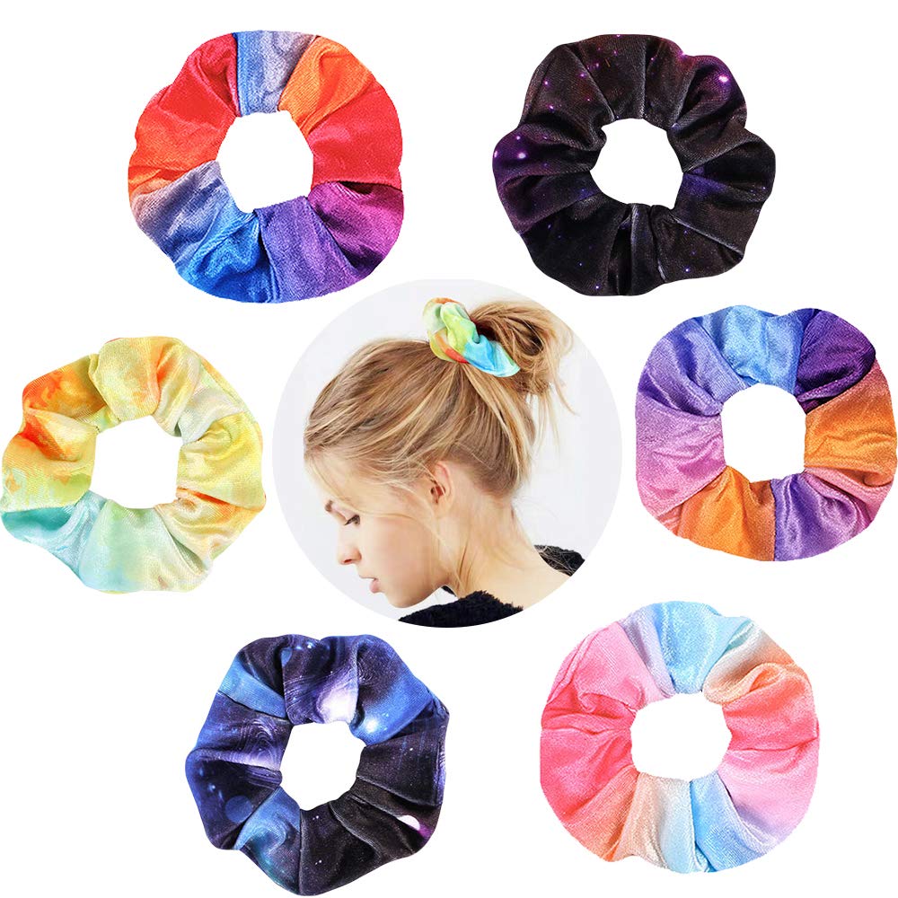 DINPREY 6 Pack Tie Dye Cloud Scrunchies - Starry Sky Rainbow Ponytail Holders (Fabric)