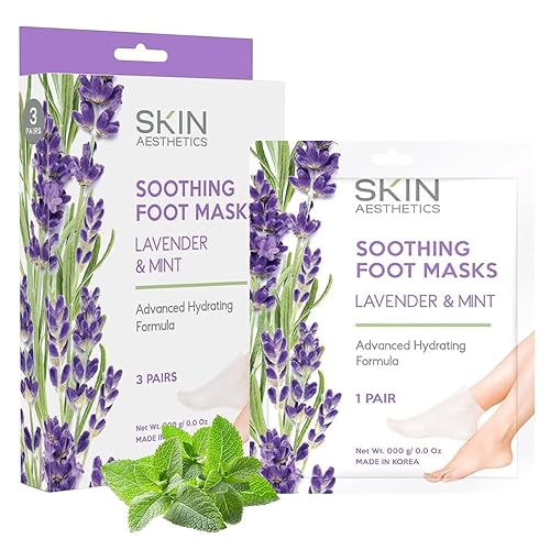 Skin Aesthetics Lavender & Mint Foot Masks - Hydrating, Exfoliating, 3 Pairs, Cruelty-Free