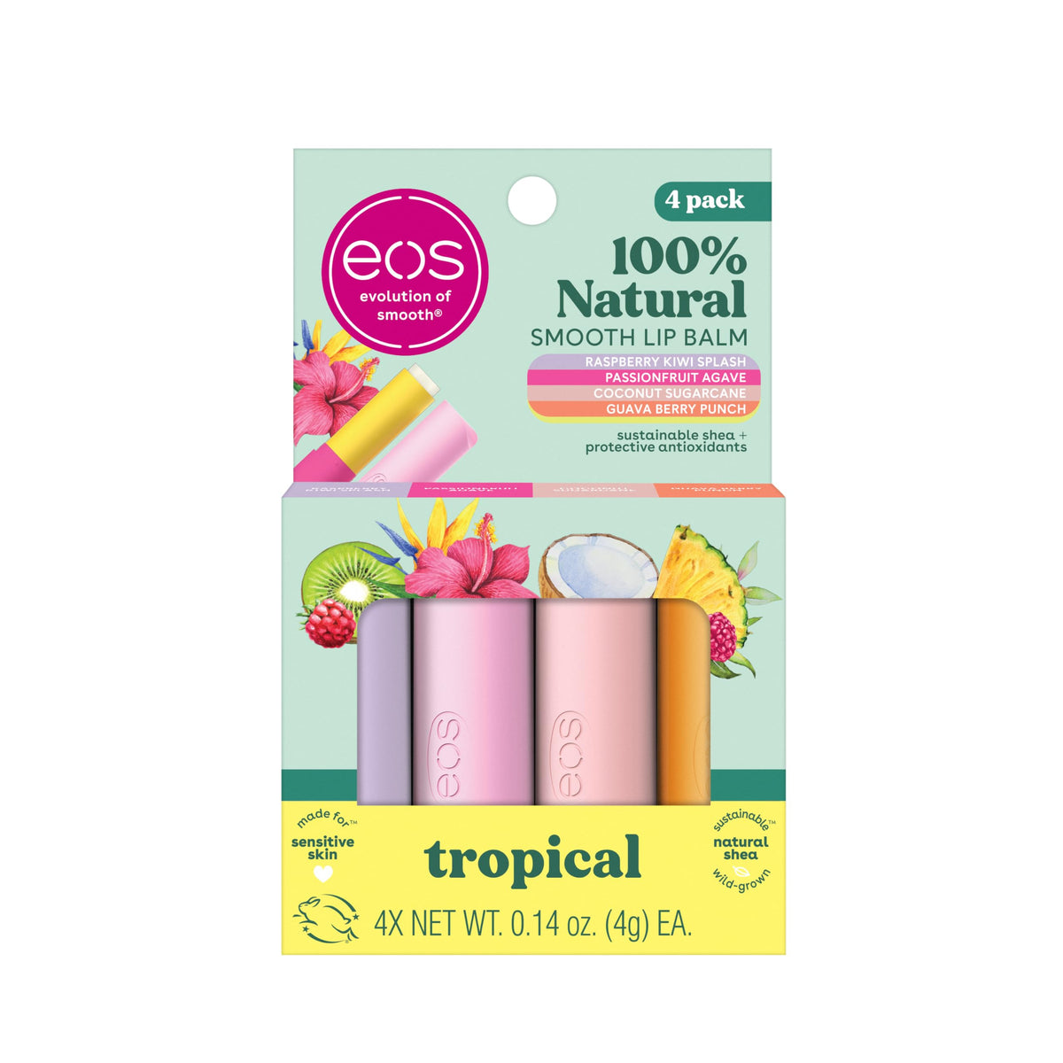 Eos Super Soft Shea Lip Balm Sticks - Totally Tropical 4 Pack, Dragonfruit, 24 Hr Hydration