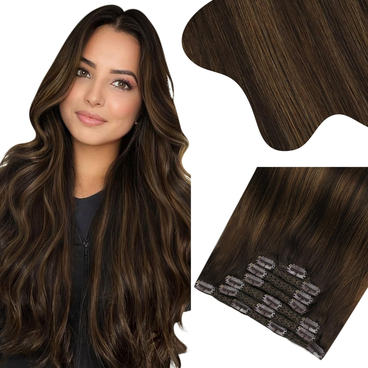 Moresoo 24&quot; Ombre Clip-in Human Hair Extensions, Darkest Brown & Chestnut Brown, 150g