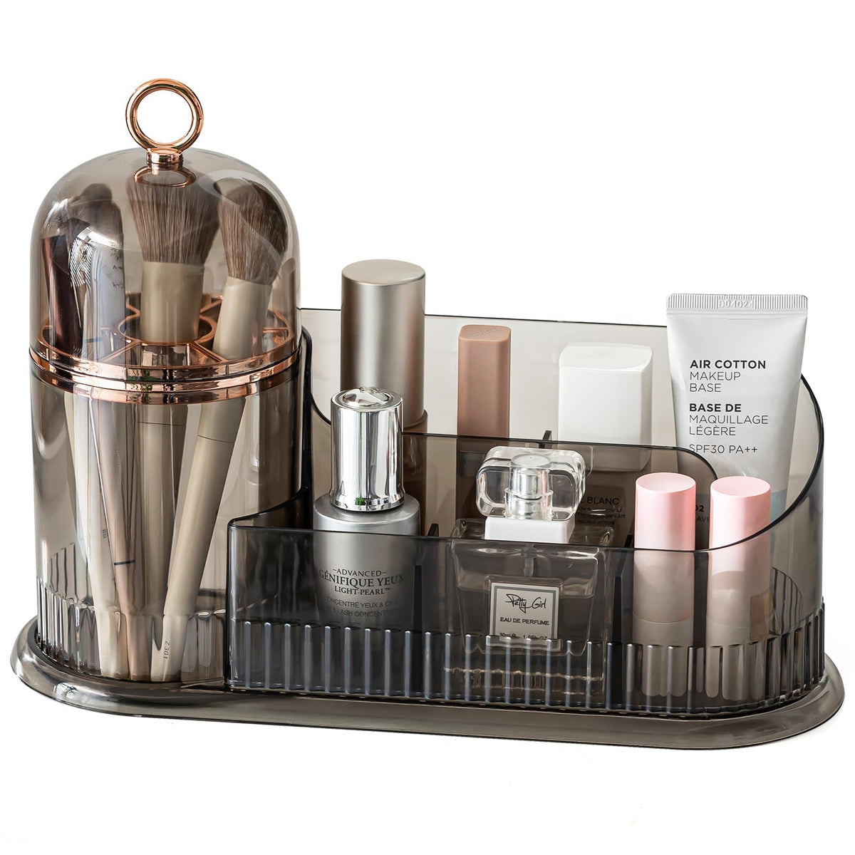 Canitoron Gray Makeup Organizer With Brush Holder, Resin Vanity Storage Case For Skincare