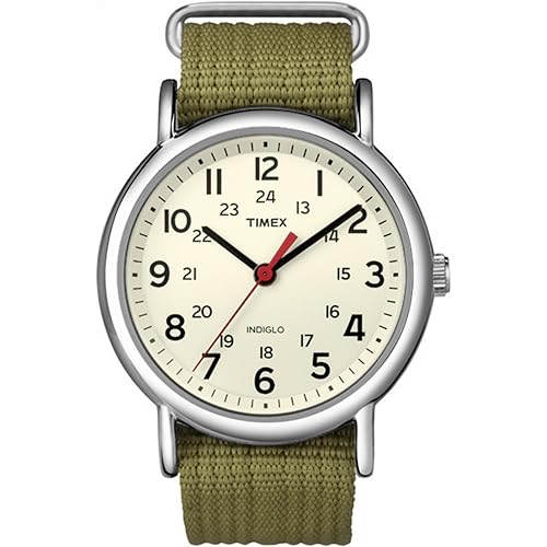 Timex Weekender 38Mm Unisex Watch - Silver Case, Cream Dial, Olive Fabric Strap