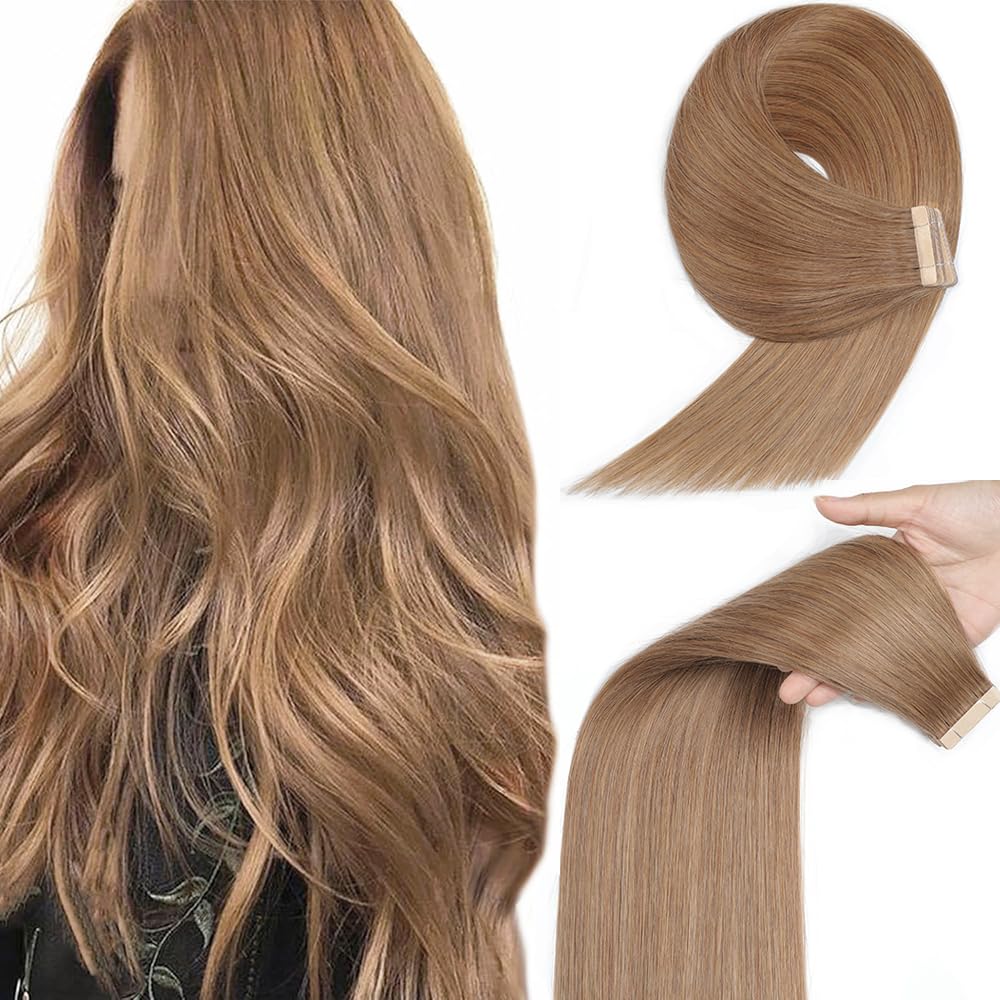 Yddm Tape In Hair Extensions 24 Inch Light Brown 20Pcs Real Human Hair Seamless Straight