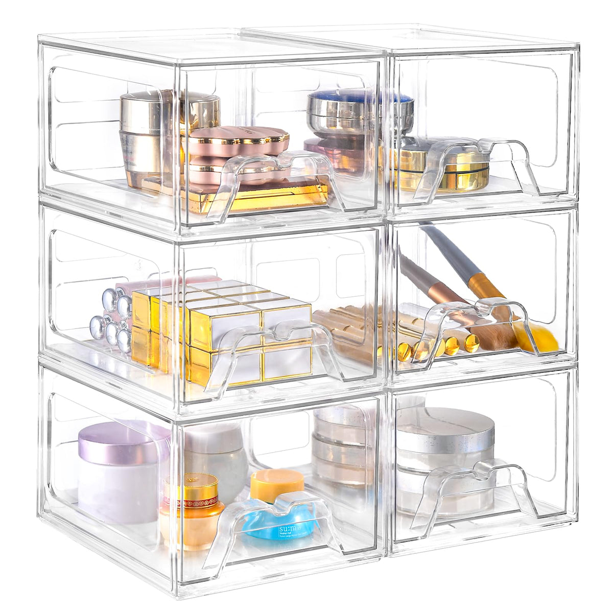 Stebopum 6 Pack Stackable Makeup Organizer - Clear Acrylic Storage Bins For Vanity & Kitchen