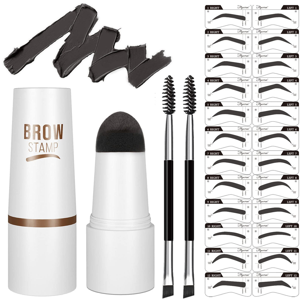 Nuonove Eyebrow Stamp Stencil Kit - Vegan Waterproof Pomade & 24 Reusable Stencils (Grey Black)