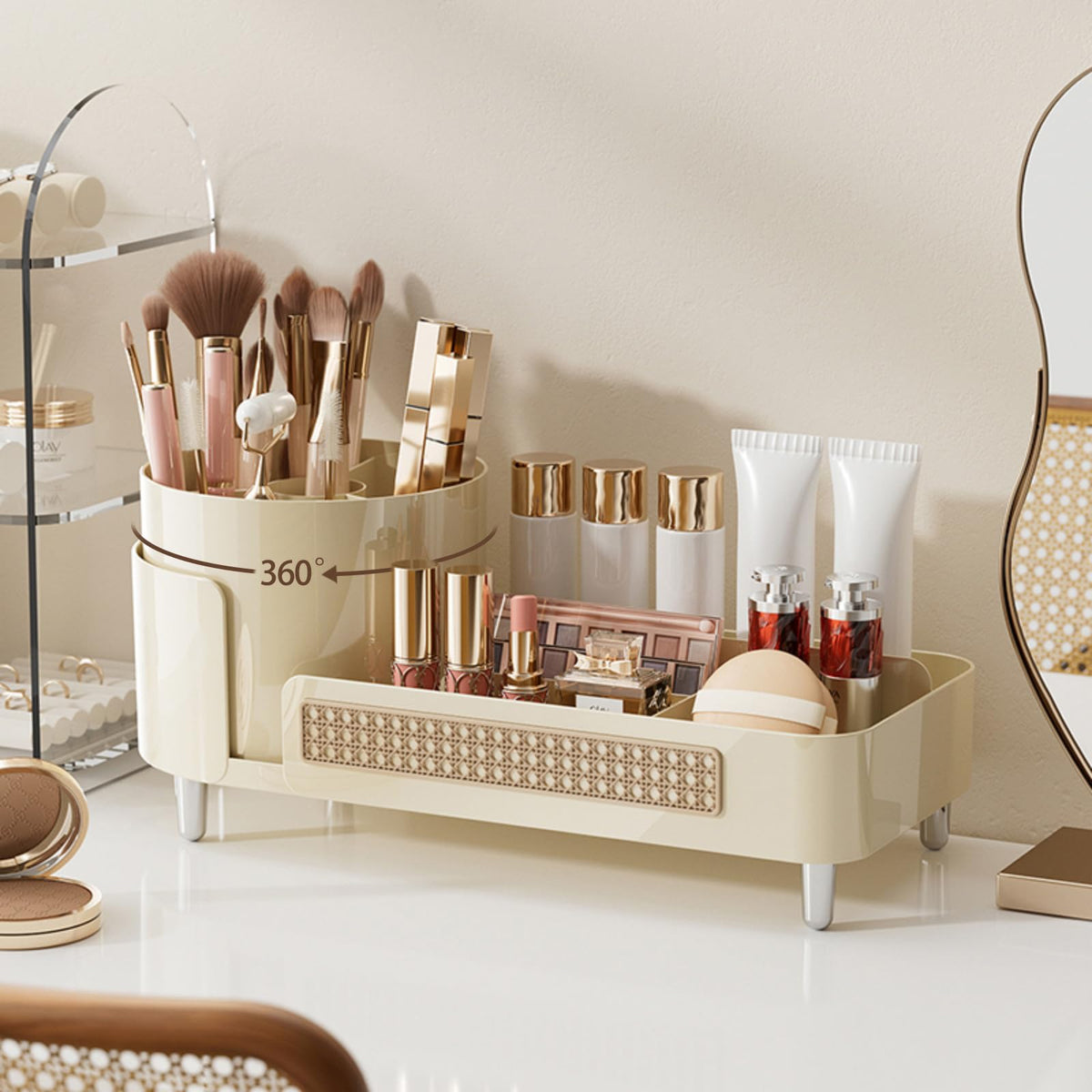 Booklov Rotating Makeup Organizer - Large Capacity Cream Vanity Storage & Cosmetic Display Case