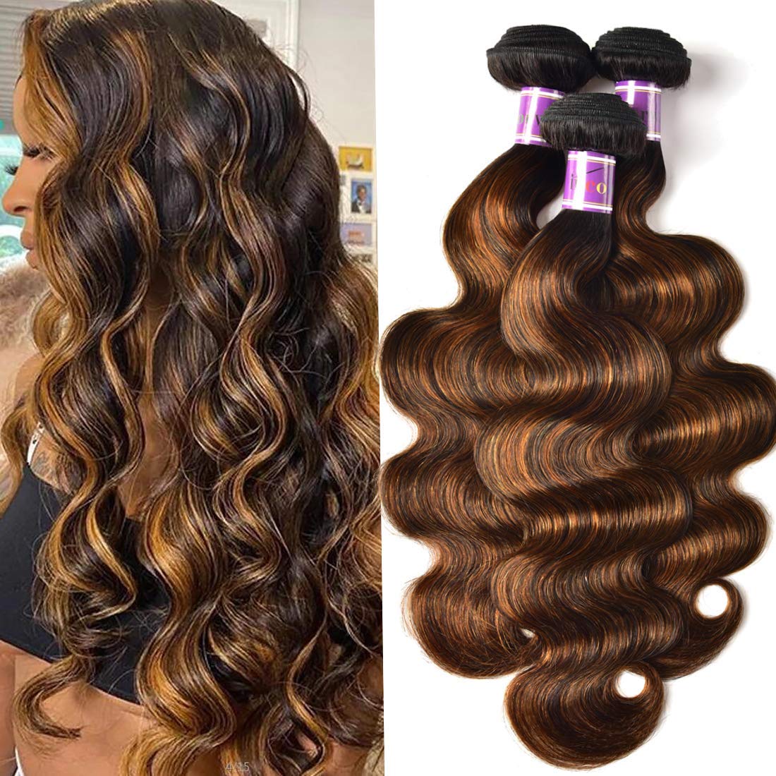 UNice Brown Highlight Body Wave Human Hair Weave 4 Bundles 16-22 Inch, Brazilian Remy Ombre