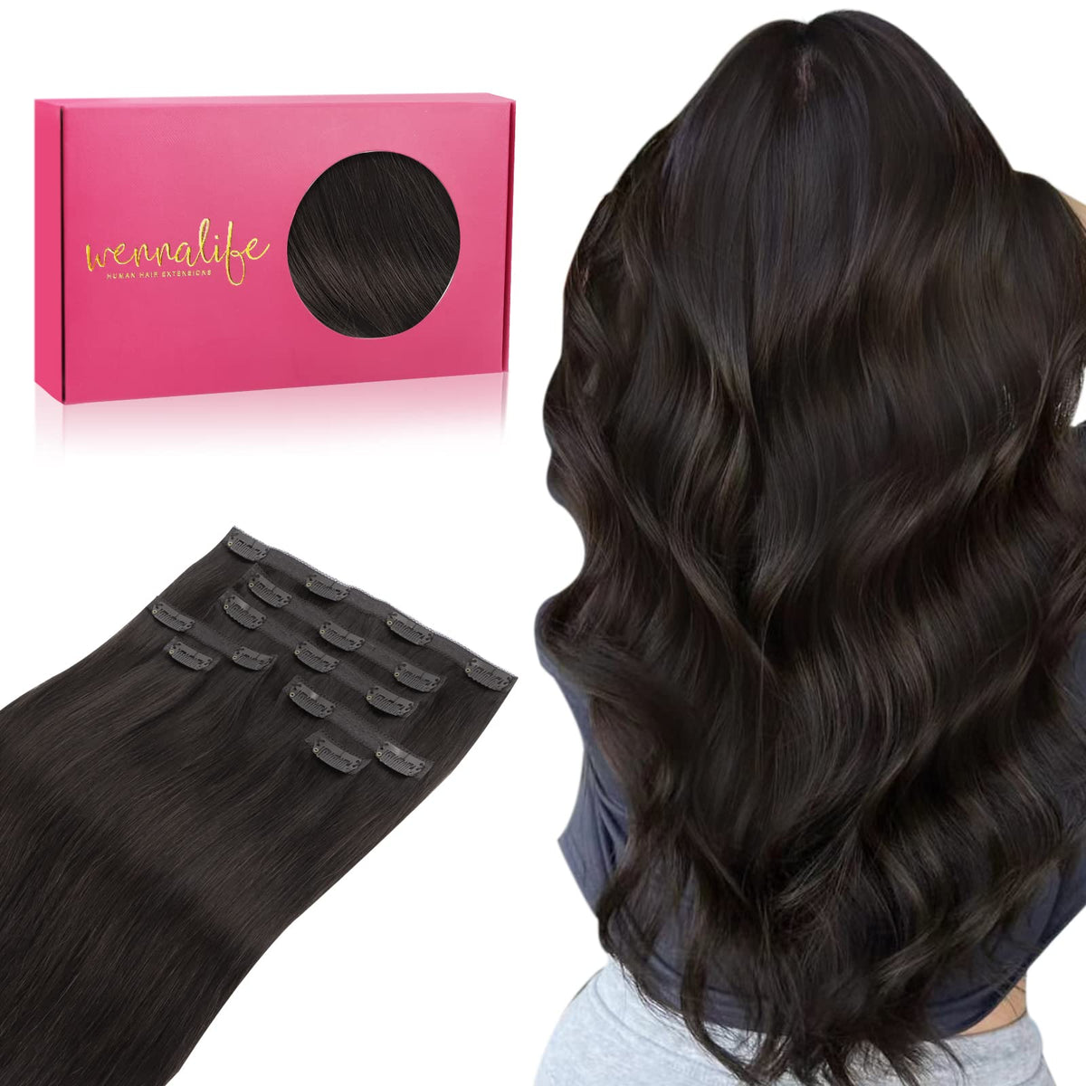 WENNALIFE Dark Brown Seamless Clip-In Hair Extensions 16 Inch 130g Real Human Hair