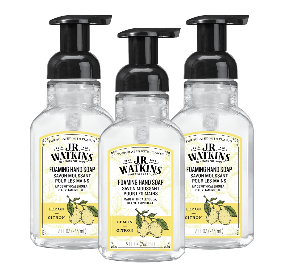 J.R. Watkins Lemon Foaming Hand Soap, Moisturizing, Alcohol-Free, 9 Fl Oz, 3 Pack