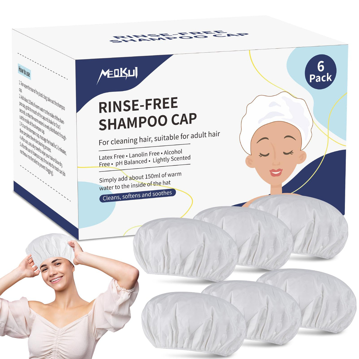 Meokui 2024 Portable No Rinse Shampoo Caps - 6 Pack For Home, Travel, Seniors, And Nursing Care