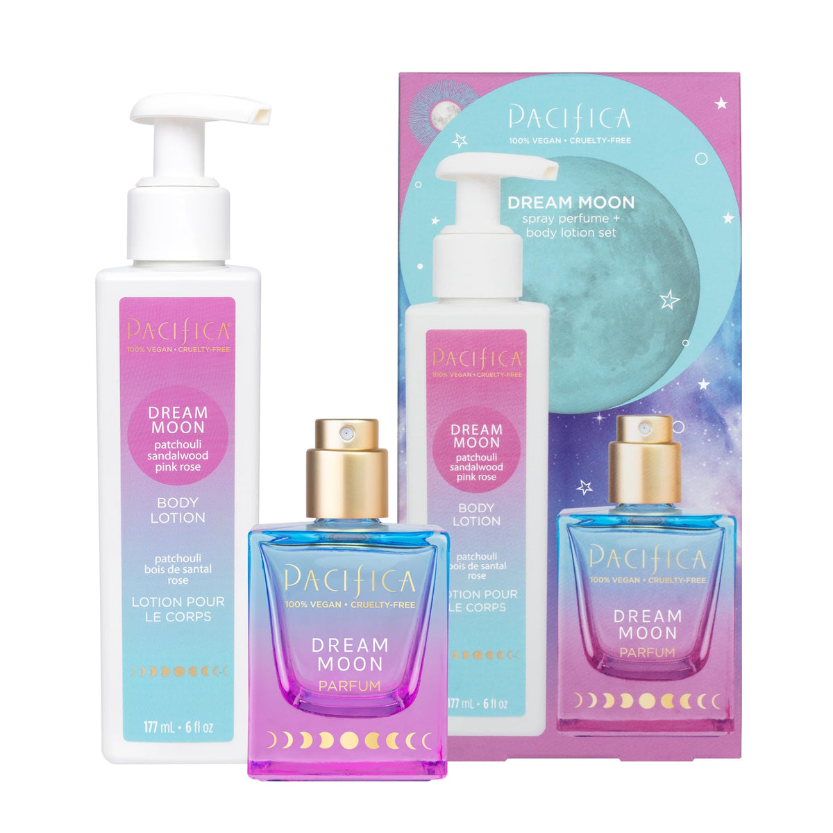 Pacifica Beauty Dream Moon Spray Perfume & Body Lotion Set - Vegan, Sandalwood, Pink Rose, 6 Fl Oz