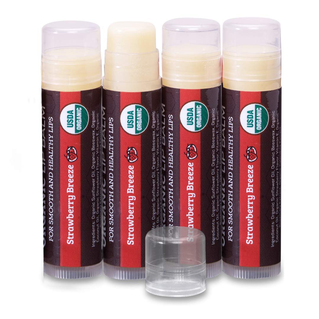 Earth'S Daughter Usda Organic Lip Balm 4-Pack - Strawberry Flavor, Beeswax & Coconut Oil