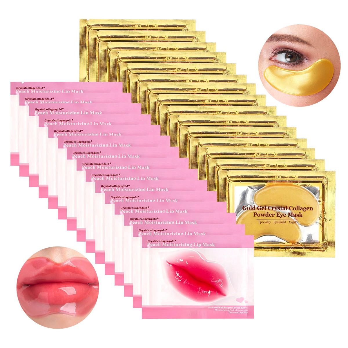 Jakuva 30 Pairs Gold Under Eye & Peach Red Lip Masks - Anti-Aging, Moisturizing, Nourishing Skincare