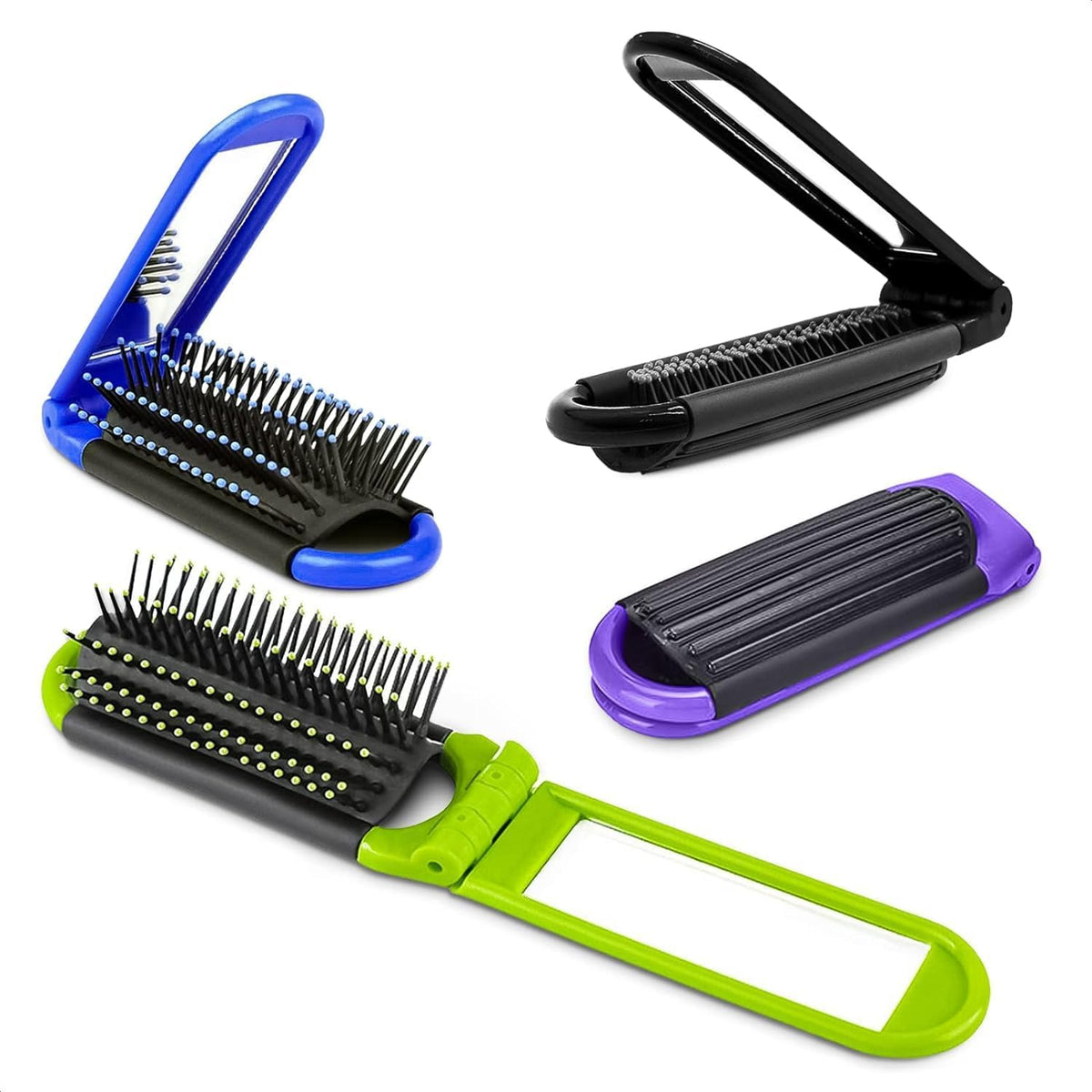 Dimrom 4 Pcs Travel Hair Brush Set - Foldable With Mirror, Nylon Bristles, Lightweight - 4 Colors