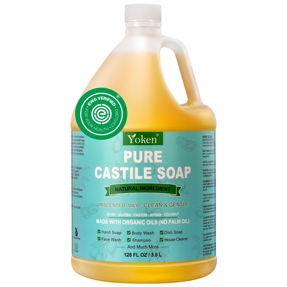 Yoken Unscented Castile Soap Liquid, 1 Gallon - Ewg Verified, Organic, Vegan, Multi-Purpose