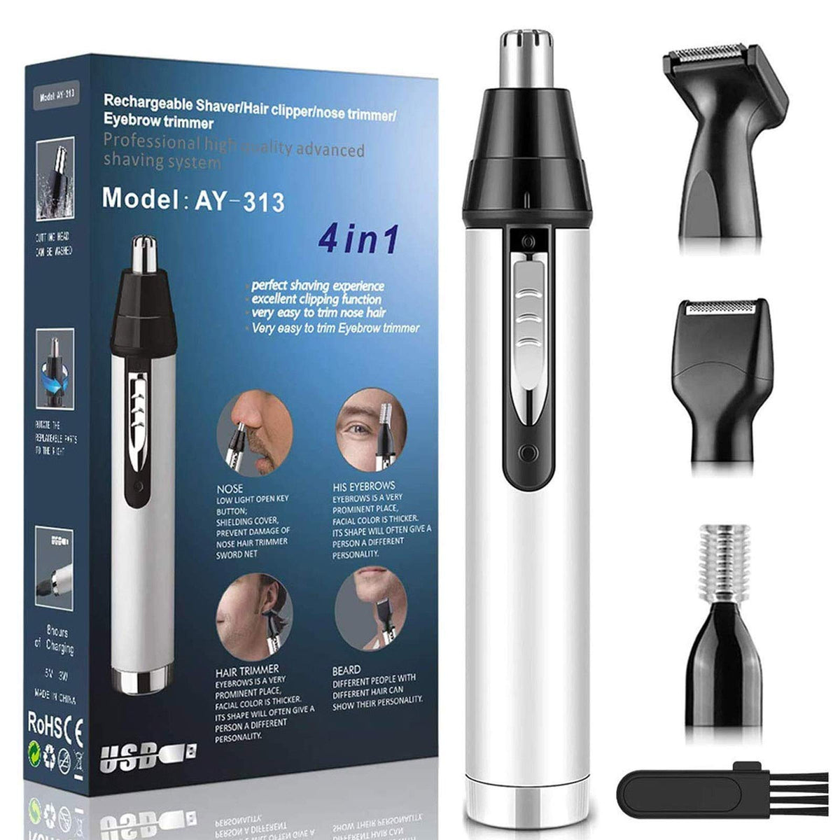 Ginity Stainless Steel Ear and Nose Hair Trimmer - 7 Piece Set, White