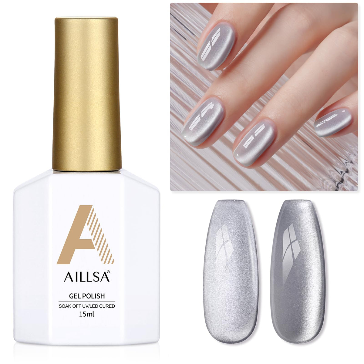 Aillsa Silver Cat Eye Gel Nail Polish - Gray Glitter Reflective Uv Gel 0.5 Oz For Diy Nails