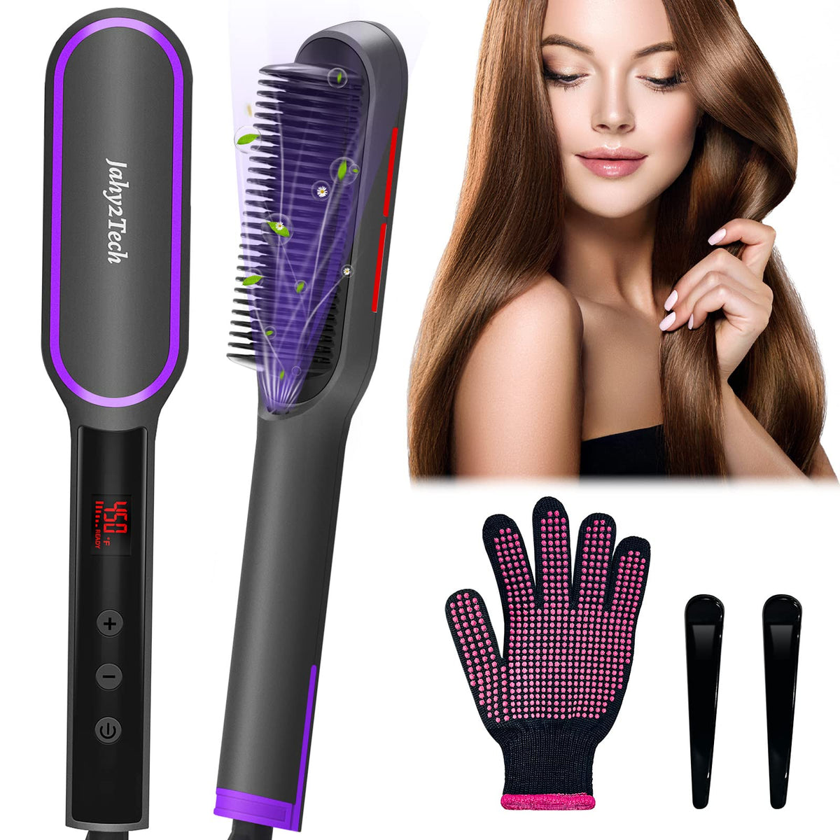 Jahy2Tech Hair Straightener Brush with Digital Display & Auto Shutdown, Ceramic, Black