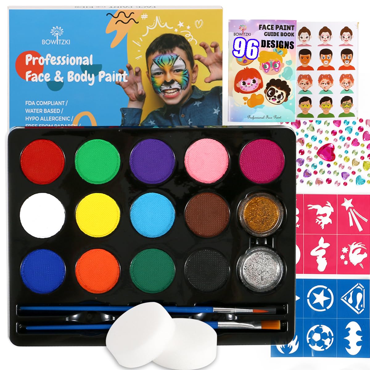 Bowitzki Face Paint Kit - 13 Colors, 12 Stencils, Glitters & Sponges - Safe For Kids Halloween Makeup