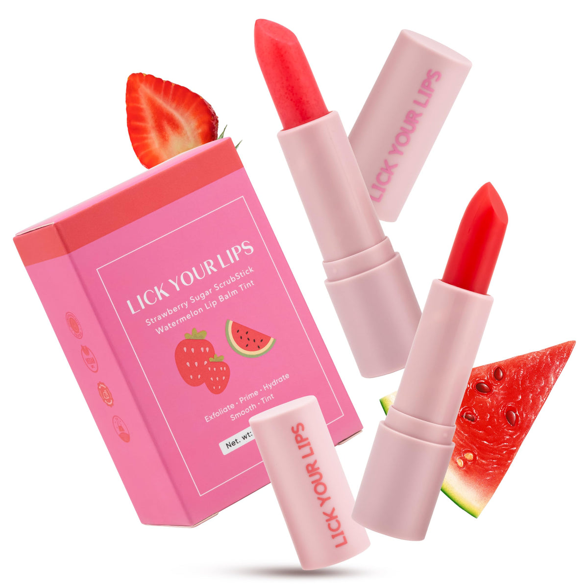 Lick Your Lips Watermelon Lip Balm & Strawberry Lip Scrub Duo For Soft, Hydrated Lips