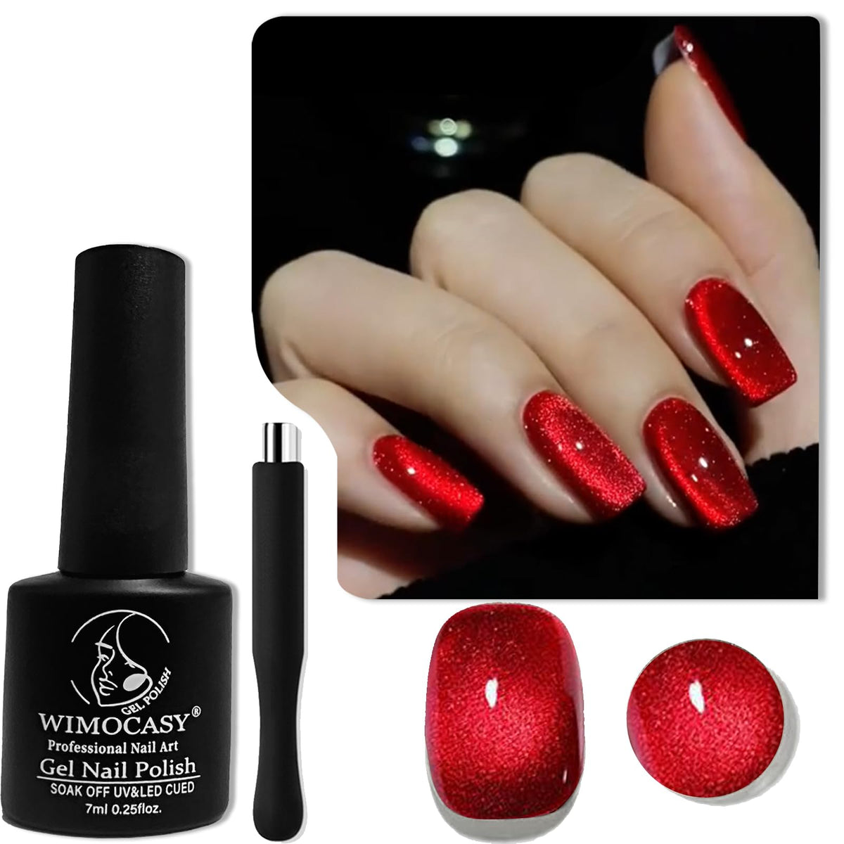 Wimocasy Ruby Red Cat Eye Gel Nail Polish - Holographic Glitter Magnetic Nail Art 0.25 Fl Oz