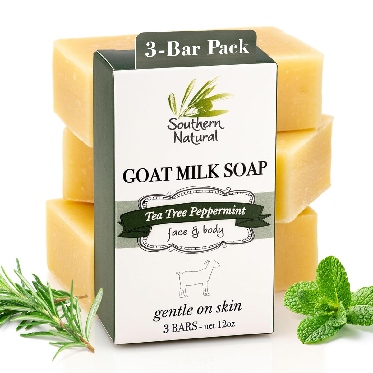 Southern Natural Goat Milk Soap Bar 3-Pack - Tea Tree Peppermint For Dry, Sensitive Skin