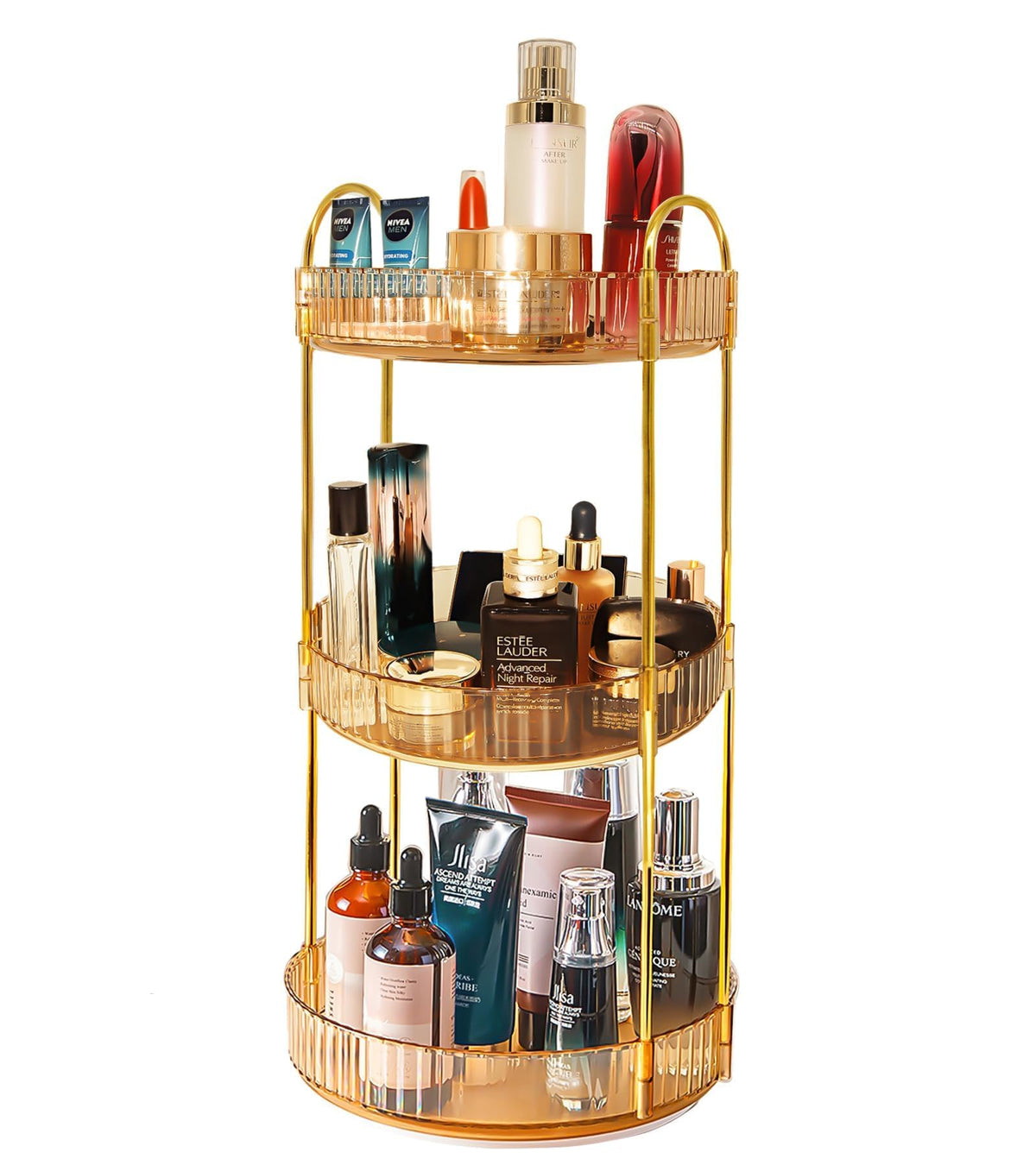 Vnimti 360 Rotating 3-Tier Makeup Organizer - Amber Gold Cosmetic Storage For Vanity & Bathroom