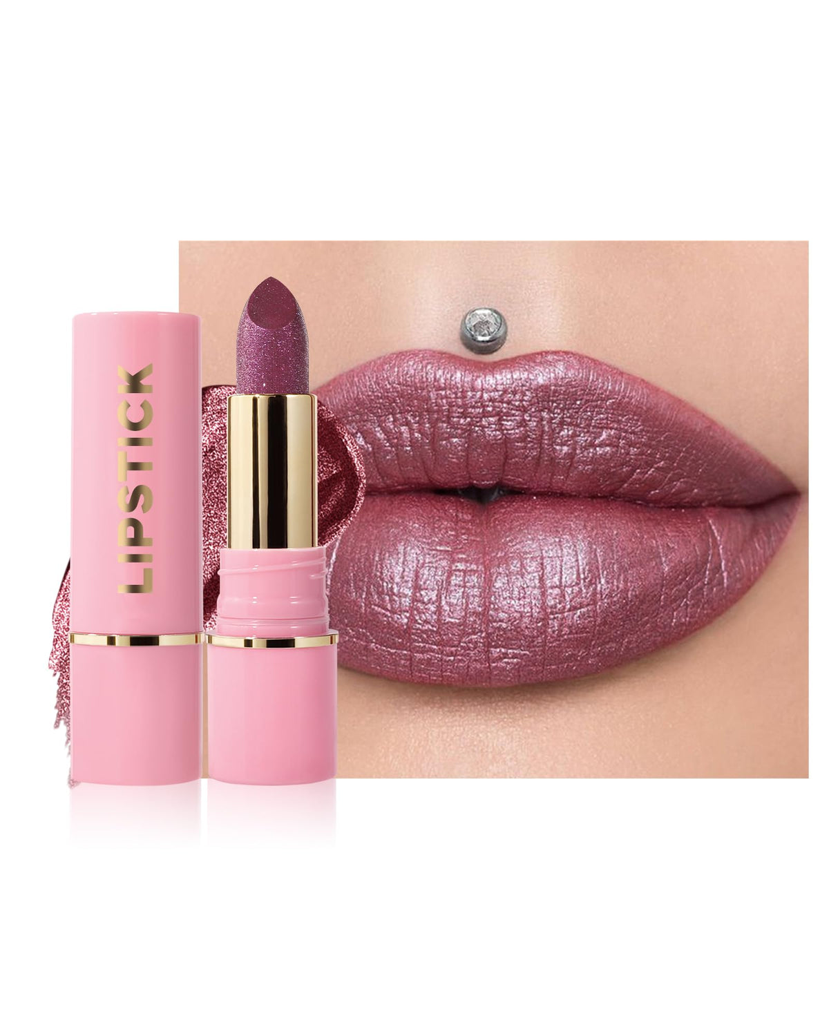 Lysdefeu Diamond Glitter Matte Lipstick, Rose Brown Metallic Shimmer, Longlasting Lip Color 0.13Oz