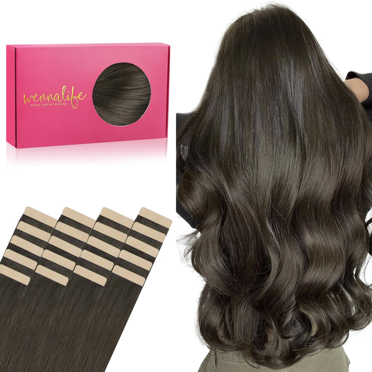 WENNALIFE Tape in Hair Extensions, 16&quot; Cool Dark Brown, 50g, 20pcs Remy Human Hair