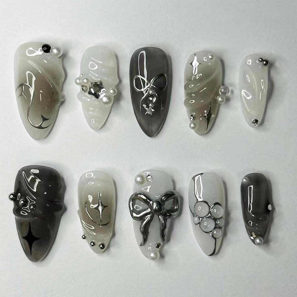 Lbpepamz Black Press On Nails - 24Pcs Medium Almond 3D Alloy Bow & Pearl Design, Glossy Acrylic