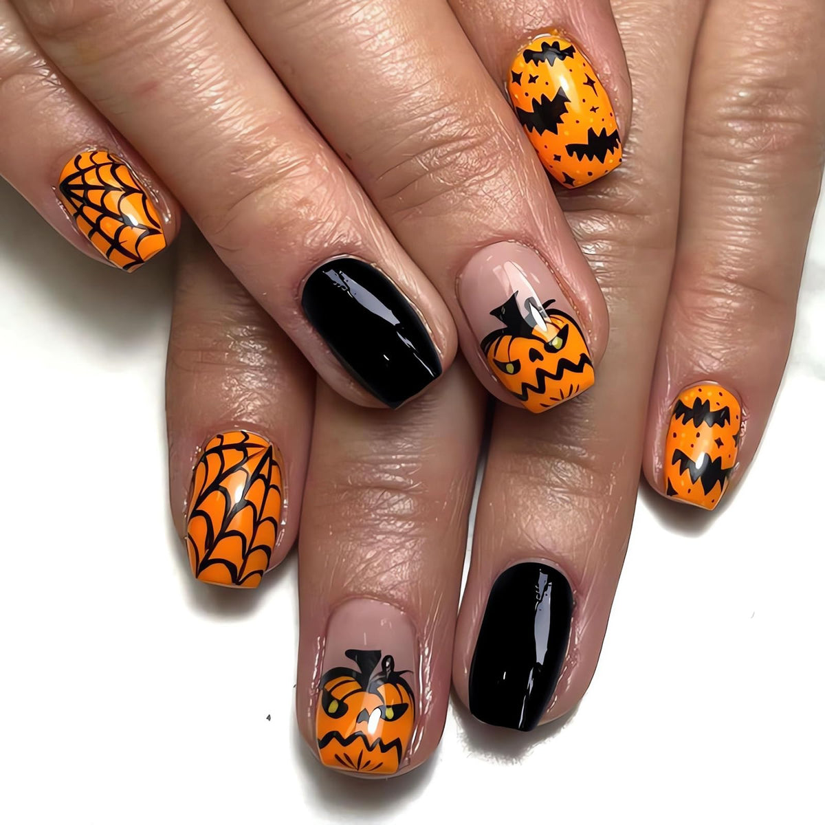 Ohwoda Halloween Press On Nails - Short Orange Pumpkin Design With Bat & Spider Web, 24 Fl Oz