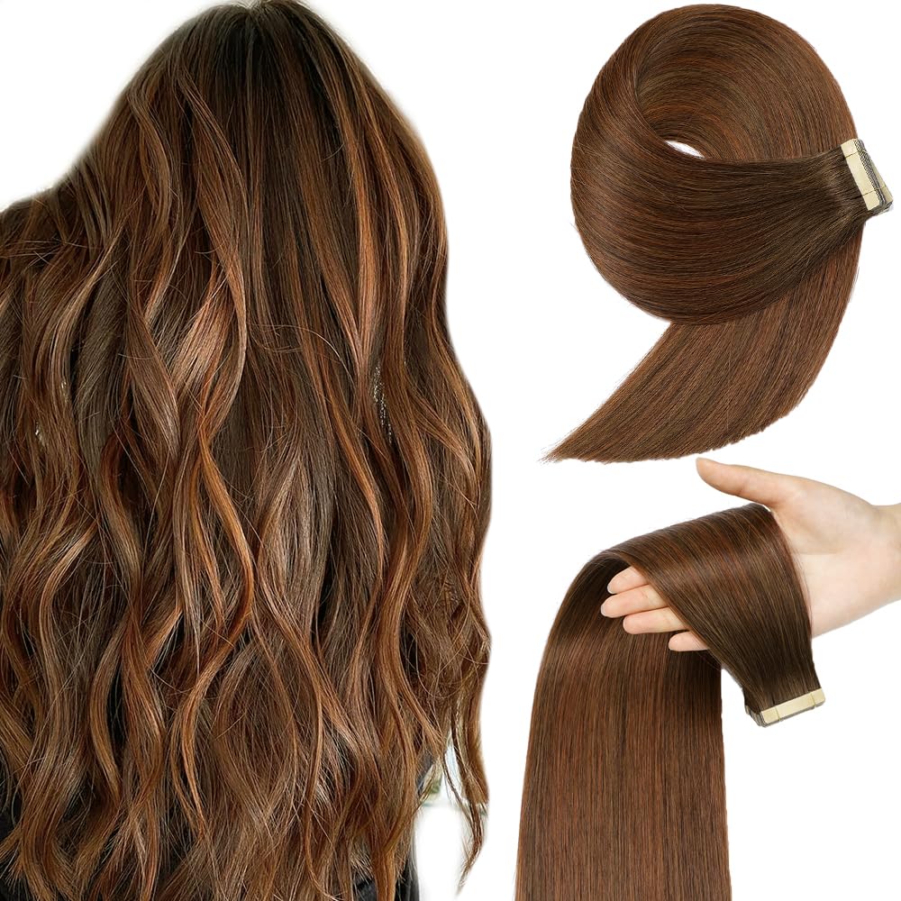 Yddm 22&quot; Tape In Hair Extensions - 20Pcs Human Hair, Chocolate Brown Mixed Dark Auburn