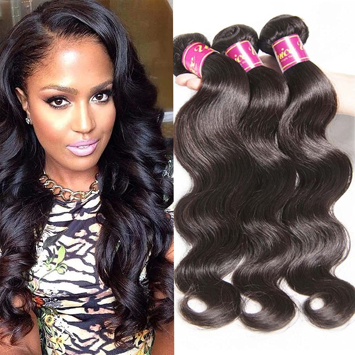 UNice Brazilian Virgin Human Hair Body Wave Bundles, 100% Unprocessed, Natural Color, 16 Inch