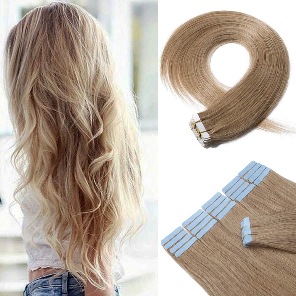 Hairro 14&quot; Real Human Hair Extensions #27 Dark Blonde Tape Ins, 40Pcs, 80G, Seamless Weft