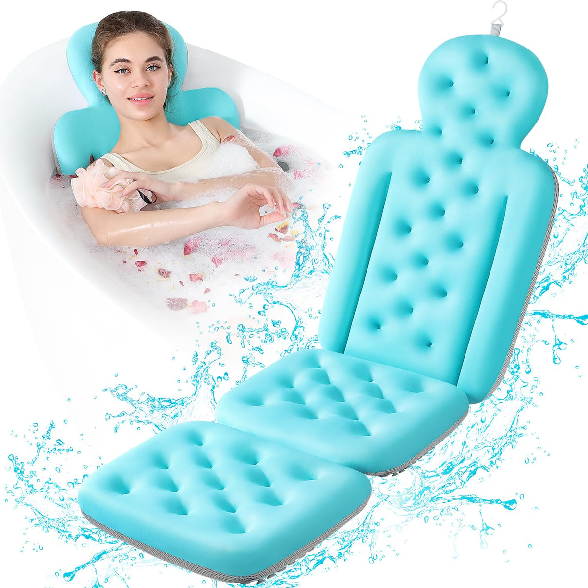 Veils Luxury Bath Cushion - Full Body Bathtub Pillow With 160 Suction Cups, Blue, 51.2&quot;X16.2