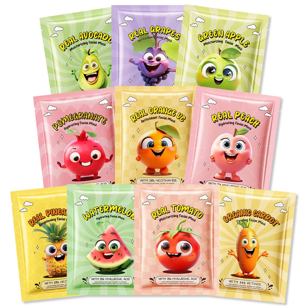 Kaely 10 Pack Fruit Face Masks For Kids - Spa Party Skincare, Moisturize & Brighten