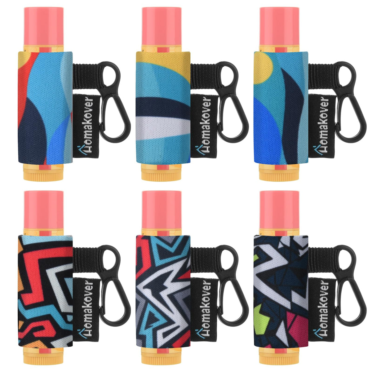 Homakover 6 Pack Clip-On Lip Balm Holder - Neoprene Sleeve With Clip, Abstract Painting Design