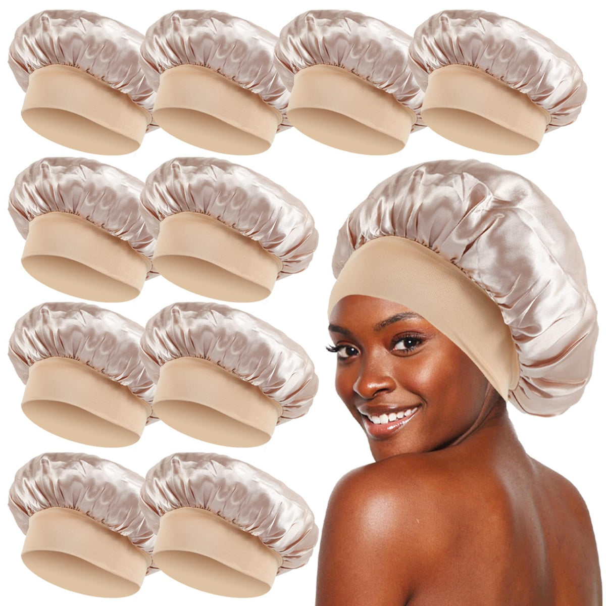 Kepuway 10 Pcs Champagne Satin Sleep Bonnet With Elastic Band For Women - One Size