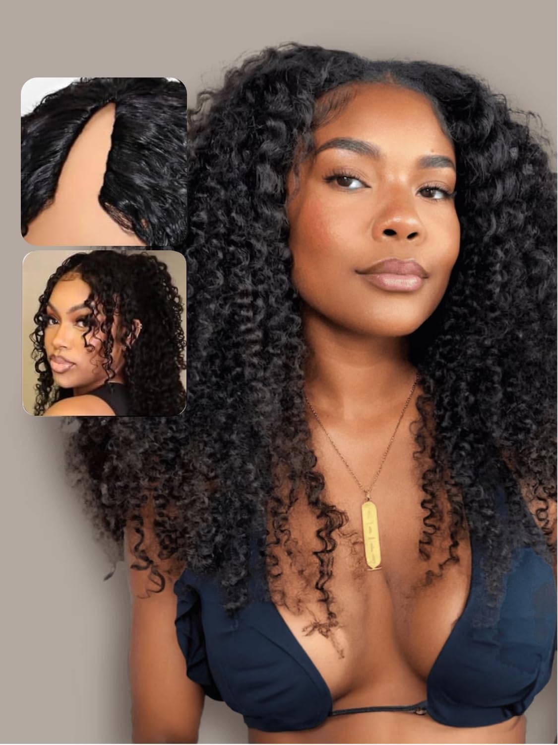 Unice 14 Inch Easicontour V Part Kinky Curly Wig - Glueless Human Hair, 150% Density, Natural Black