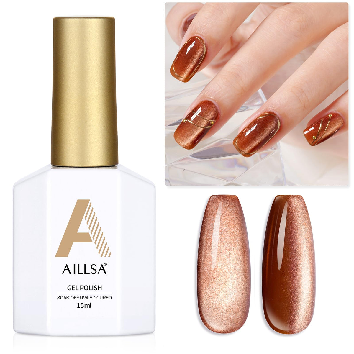 Aillsa Cat Eye Gel Nail Polish - Amber Brown Glitter, 0.5 Oz Translucent Uv Gel For Diy Manicure