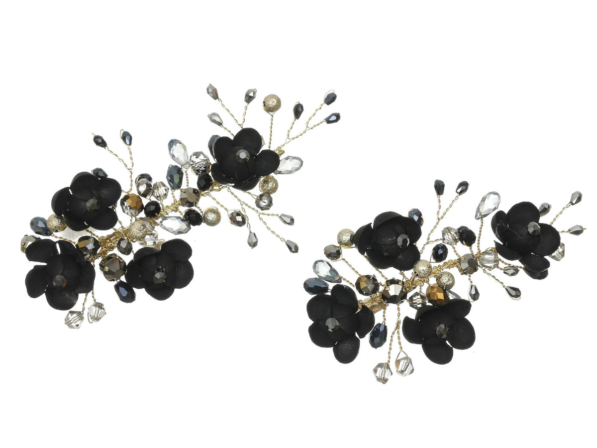 Samky Handmade Jet Black Hematite Flower Hair Clips - Pack Of 2 With Gold Plating