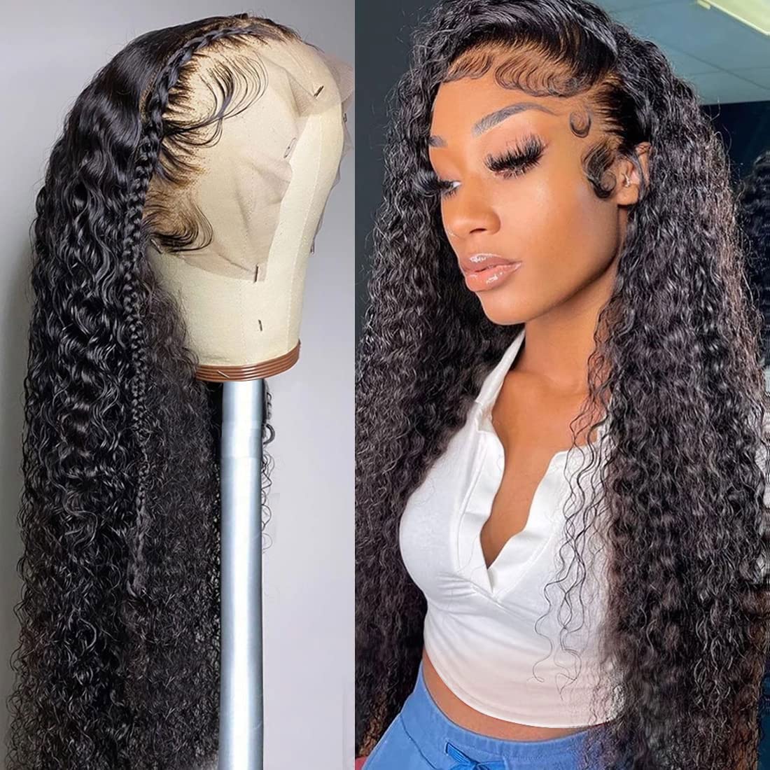 Kiss Love 20&quot; Deep Wave Lace Front Wig, 180% Density, Human Hair, Pre-Plucked, Natural Black