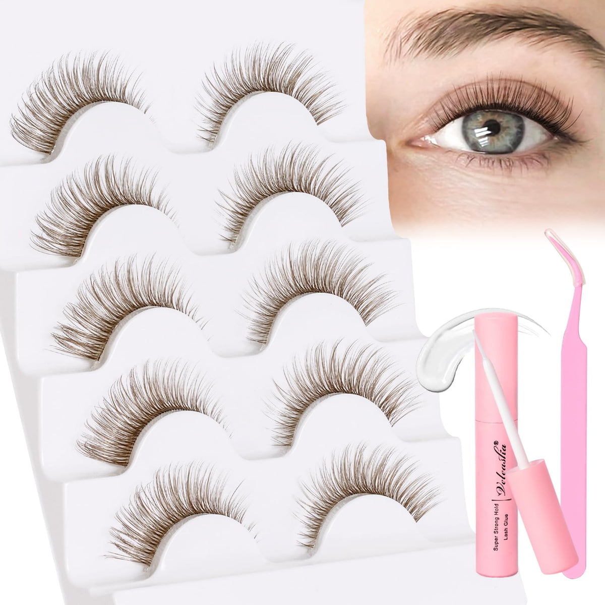 Veleasha Brown 3D Fake Eyelashes Kit - 5 Pairs Cat Eye Lashes with Glue & Tweezer, Natural