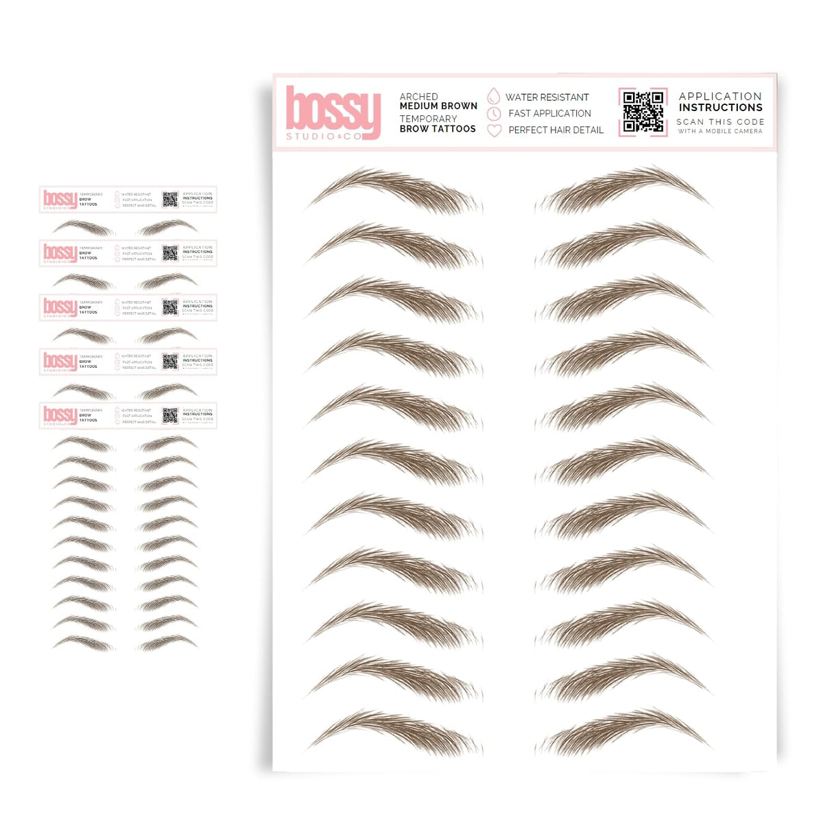 Brows By Bossy 5 Pack Waterproof Eyebrow Tattoos - Arched Medium Brown Instant Transfer Stickers