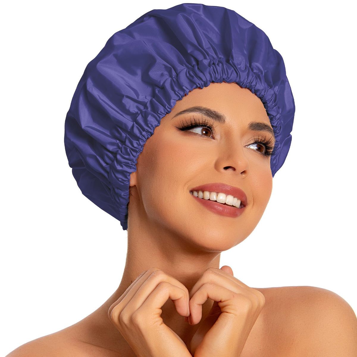 Edoneery Large Waterproof Shower Cap For Women - Reusable Bath Hair Hat, Dark Blue Purple